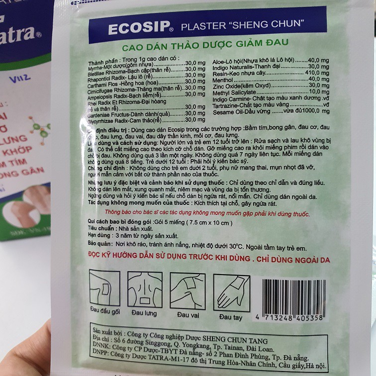 Cao Dán thảo dược giảm đau nhức Ecosip Tatra 7.5 x 10cm– Đông Anh Pharmart