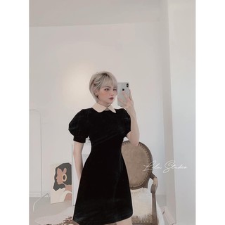 Váy Nhung Tay Bồng Phối cổ Bầu Siêu Xinh