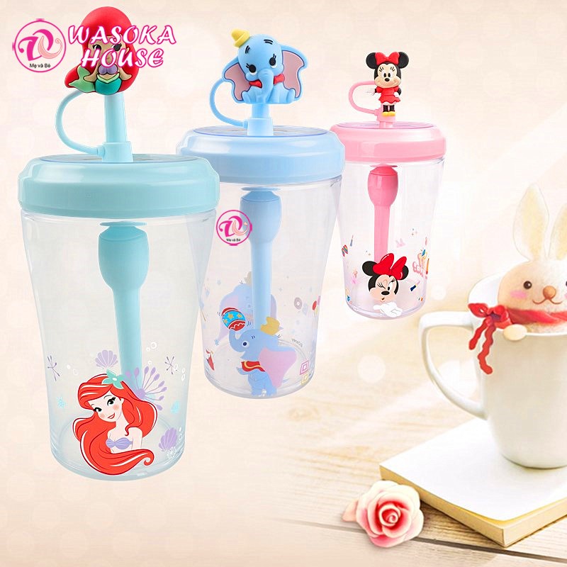 Ly cốc uống nước trẻ em , ly pha lê có nắp kèm ống hút 3D Disney đáng yêu