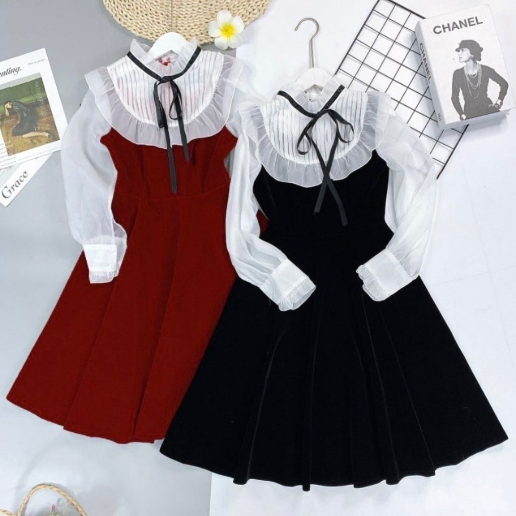 Váy nữ Thiết Kế xòe dài tay nơ cổ Đầm nhung dự tiệc sang chảnh HN clothing v23 | BigBuy360 - bigbuy360.vn