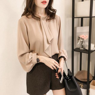 Áo chiffon nữ tay phồng cổ đứng