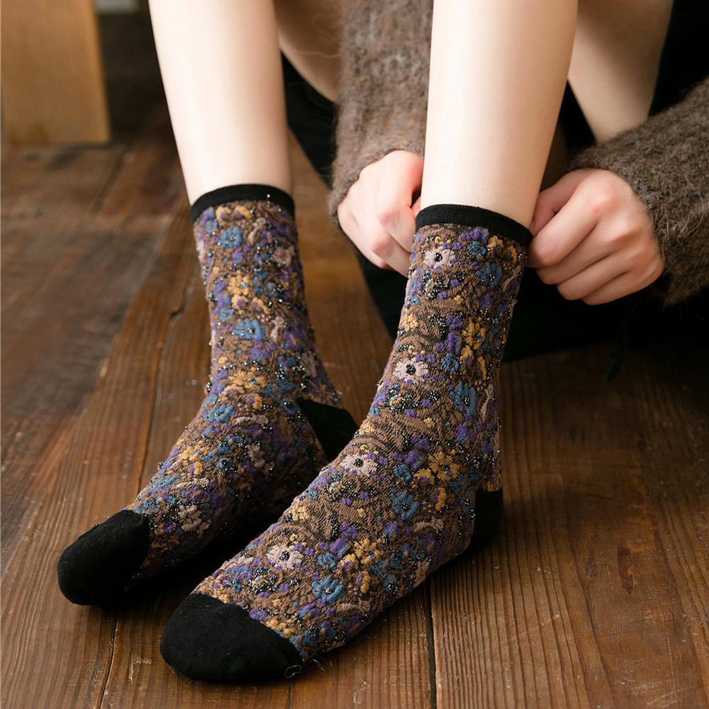 Vớ Cotton Cổ Cao Họa Tiết Hoa Phong Cách Harajuku Thời Trang Cho Nữ