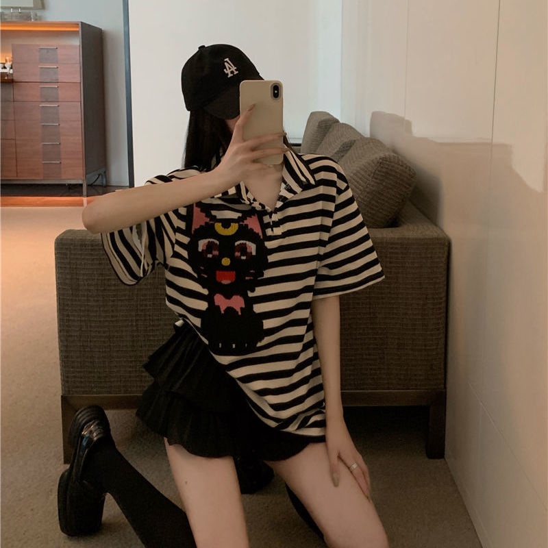 COZOK Áo polo Tay Ngắn Dáng Rộng Họa Tiết Sọc Vạch Cá Tính