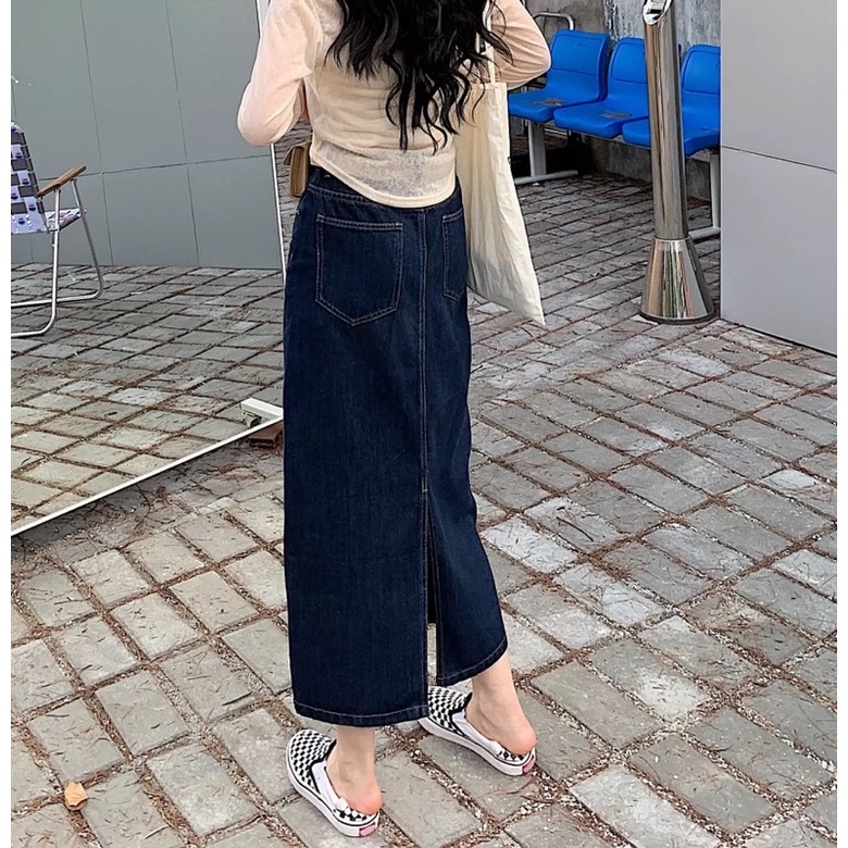 Chân váy bò dài xanh đậm