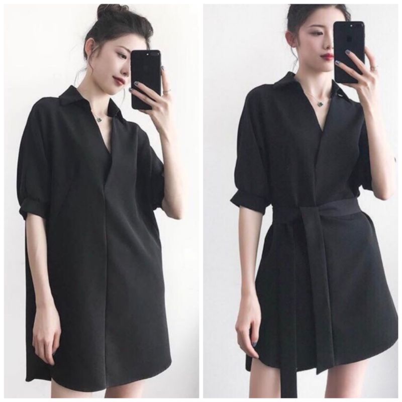 Đầm bầu suông công sở thắt eo cổ sơmi, Váy bầu cho mẹ mặc trước và sau sinh