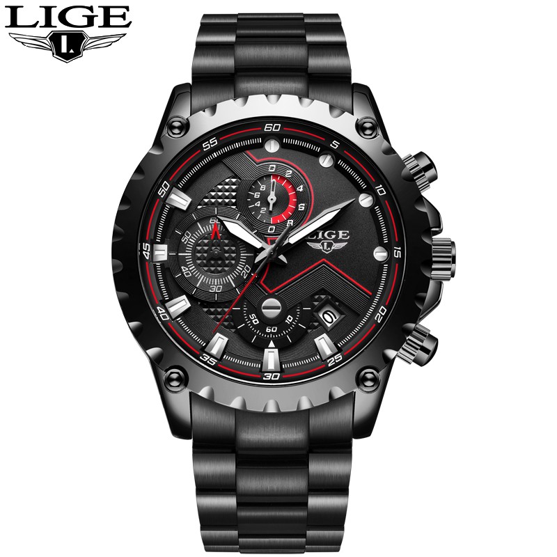 Men's Watch LIGE9821 Black Stainless Steel Waterproof Quartz