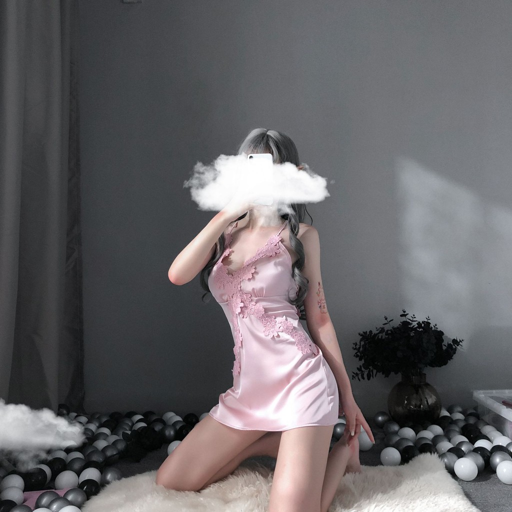 Váy ngủ sexy đan dây sau đầm ngủ lụa phối ren gợi cảm - màu hồng tím
