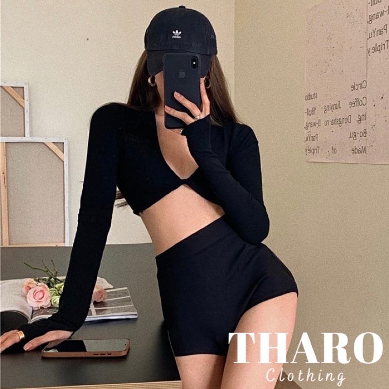 Áo Croptop Nữ Tay Dài Xỏ Ngón, Xoắn Ngực - Tharo Clothing [AO00075]
