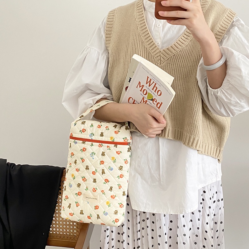 Túi Xách Cotton Chống Sốc Có Khóa Kéo Họa Tiết Gấu Dễ Thương Cho Nữ