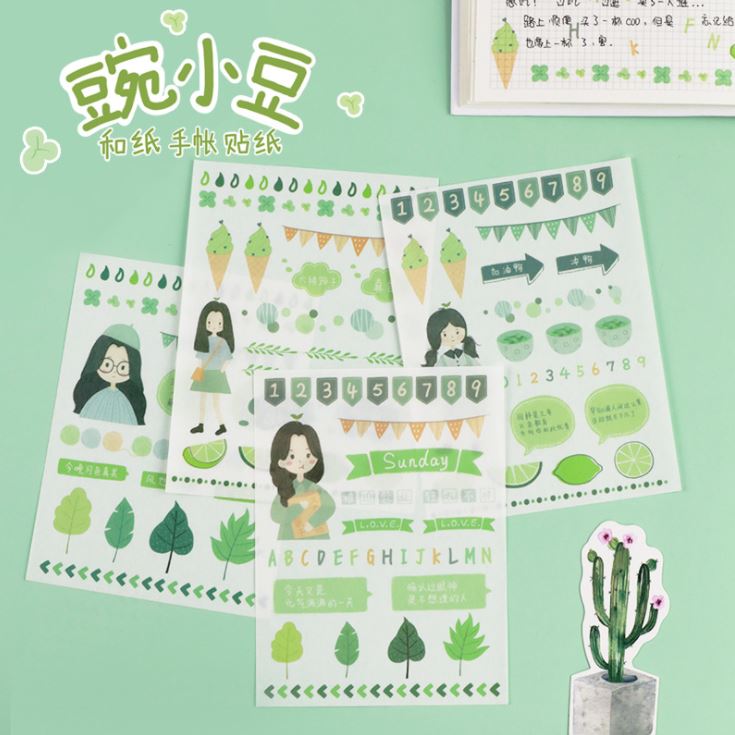Bộ 4 Tấm Nhãn Dán Sticker Trang Trí Sổ Màu Bạc Hà 72038