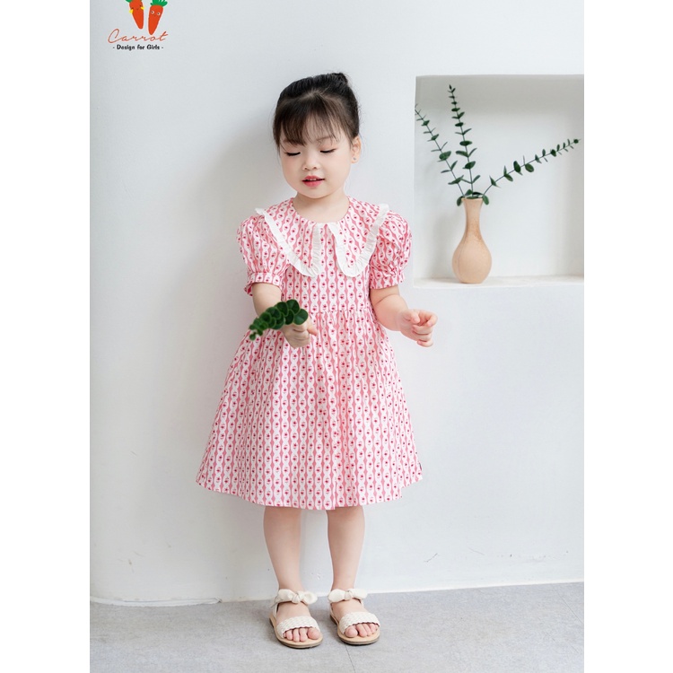 Váy Bé Gái Carrot Cổ Peter Pan, Họa Tiết Hoa Nhí Kẻ Hồng, Chất Thô Cotton Thoáng Mát Thấm Hút Mồ Hôi Tốt