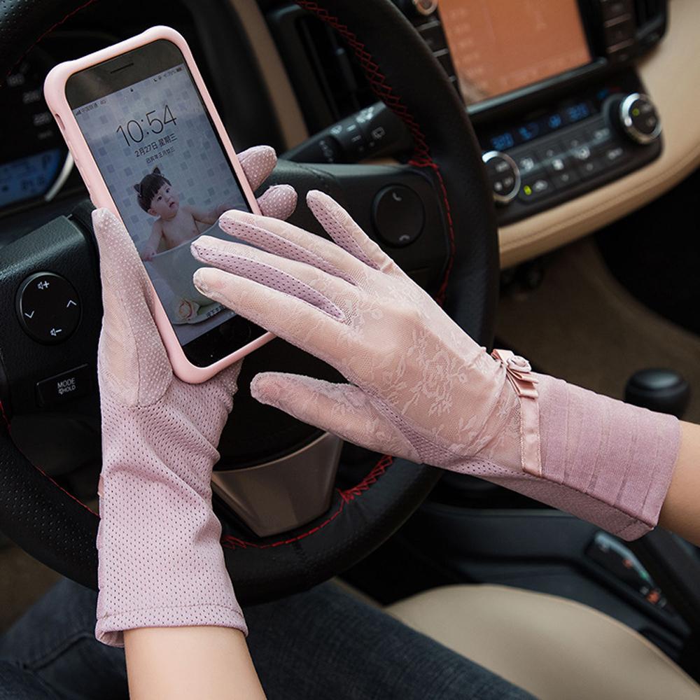 Găng Tay Lái Xe Đạp Bằng Lụa Lạnh Mỏng Đính Nơ Hoa Thoáng Khí