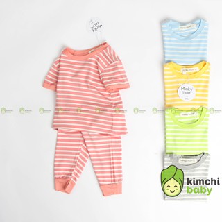 Đồ Bộ Bé Gái, Bé Trai Minky Mom Vải Thun Lạnh Quần Dài Họa Tiết Kẻ Sọc, Bộ Cộc Tay Cho Bé Mặc Nhà MKMTD2102