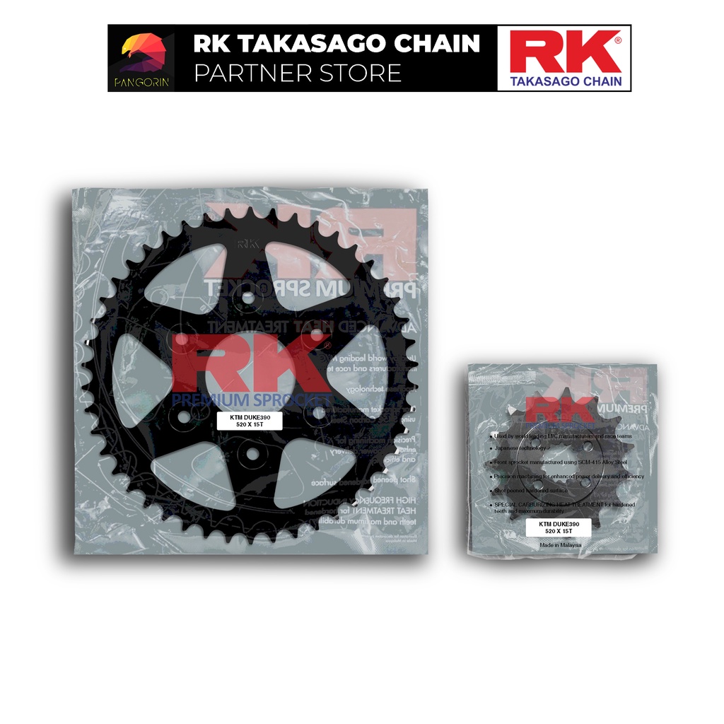 Nhông Dĩa RK Takasago cho xe phân khối lớn KTM Duke 390, chất liệu: Thép mạ màu đen, độ dày Nhông Dĩa: 520