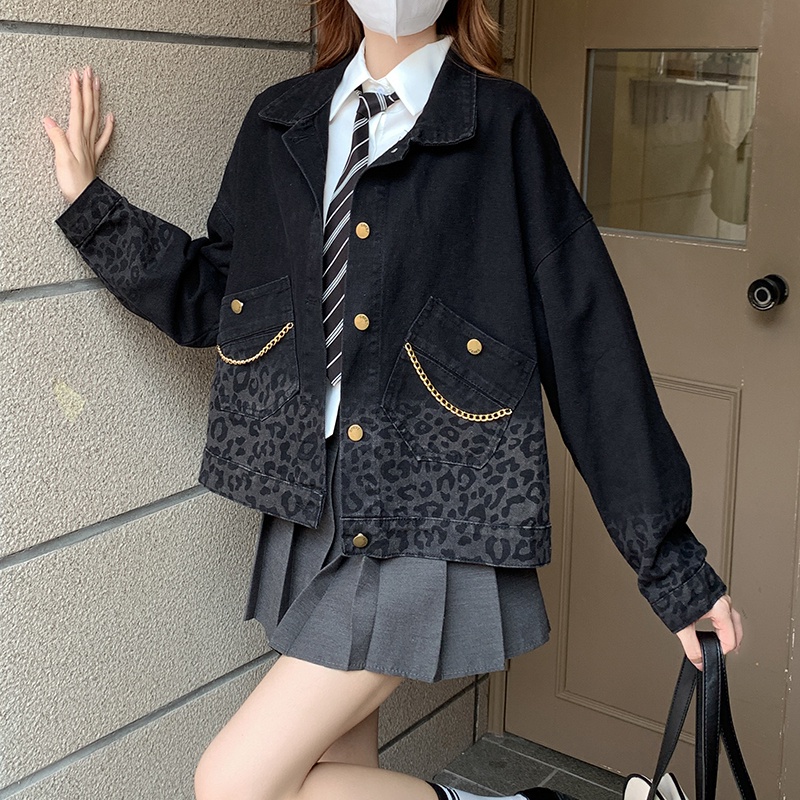 Áo Khoác denim In Họa Tiết Da Báo Thời Trang Dành Cho Nữ