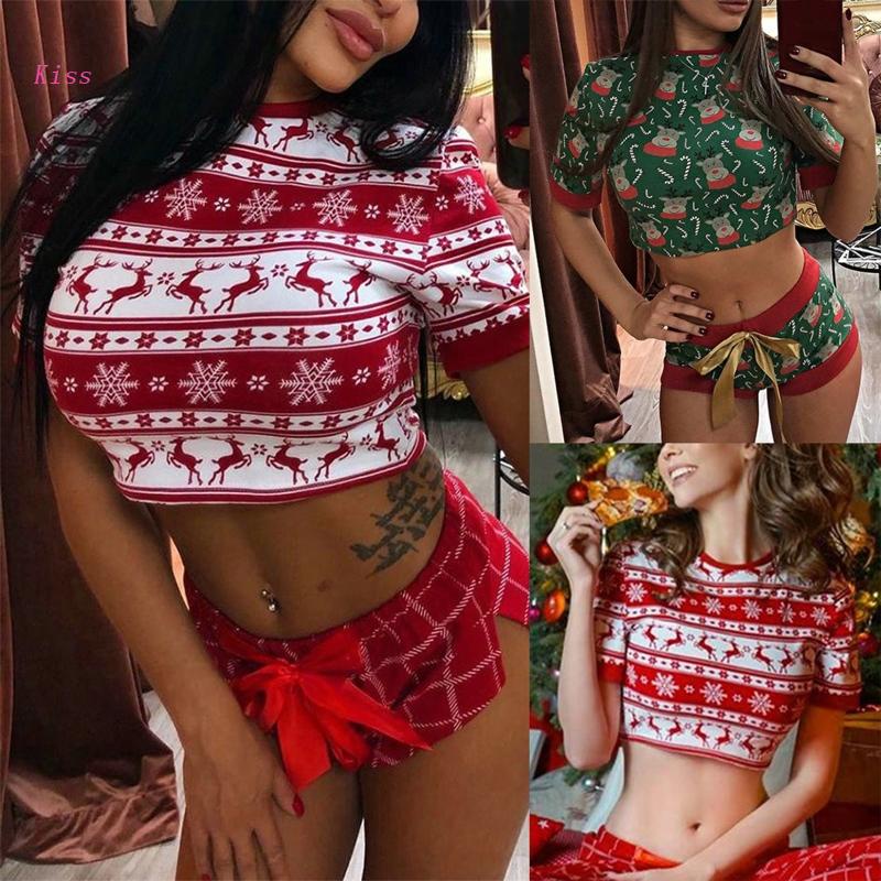 Bộ Đồ Ngủ 2 Mảnh Gồm Áo Croptop Cổ Tròn + Quần Short In Họa Tiết Hoa Tuyết + Băng Đô Mini Thời Trang Giáng Sinh Cho