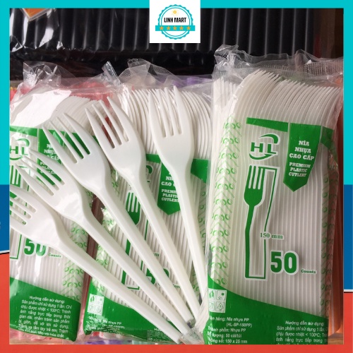 Nĩa nhựa dùng 1 lần gói 50 chiếc, dĩa nhựa trắng ăn tiện lợi LINHMART