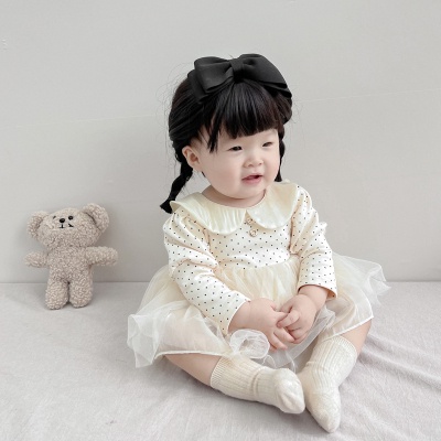 Đầm Công Chúa Tay Dài Họa Tiết Chấm Bi Phối Lưới Thời Trang Mùa Thu Xinh Xắn Cho Bé Gái