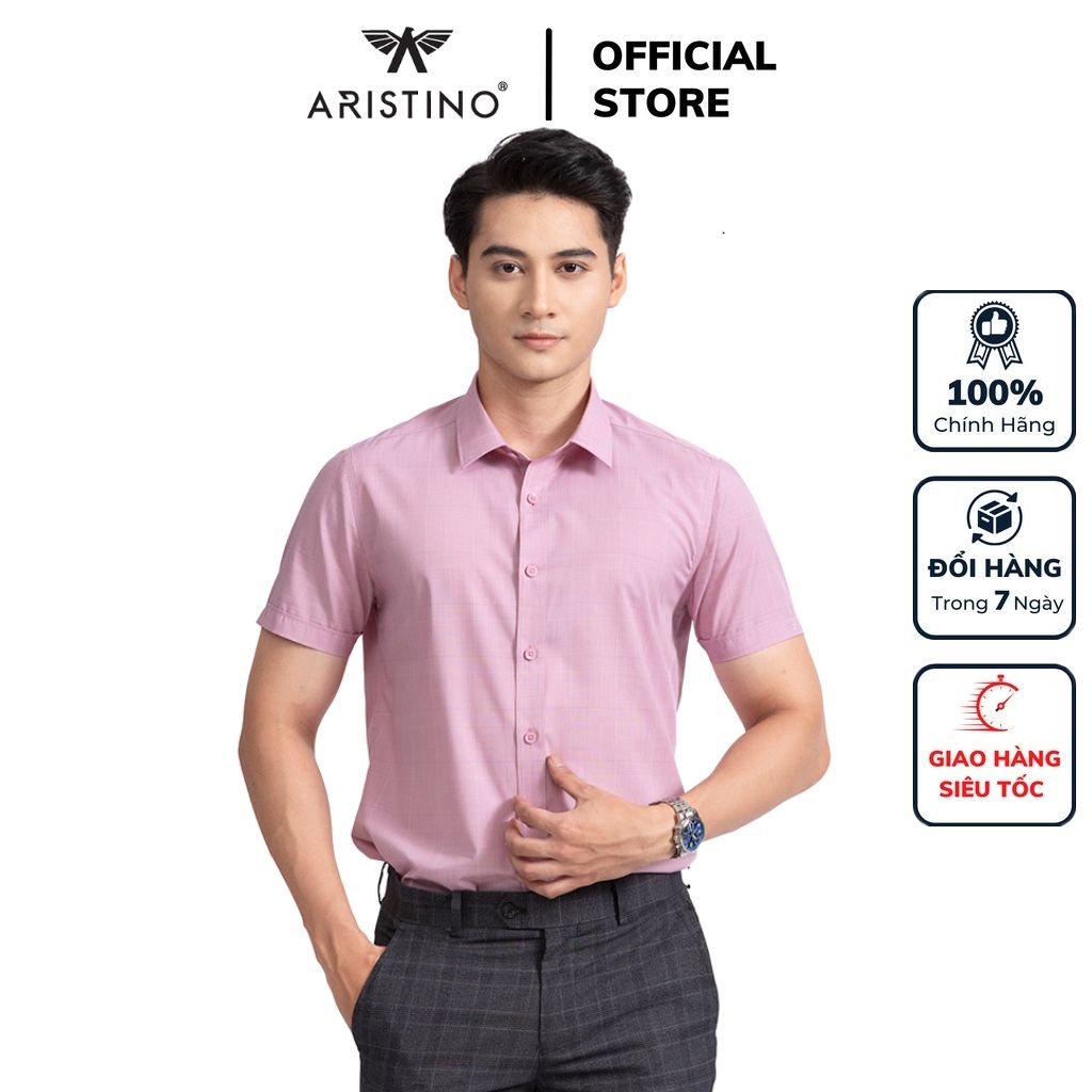 Áo Sơ Mi Nam Ngắn Tay ARISTINO ASS009S2 Somi Công Sở Cao Cấp Màu Hồng Kẻ Dobby Vải Sợi Sồi Dáng Ôm Tà Lượn Không Túi