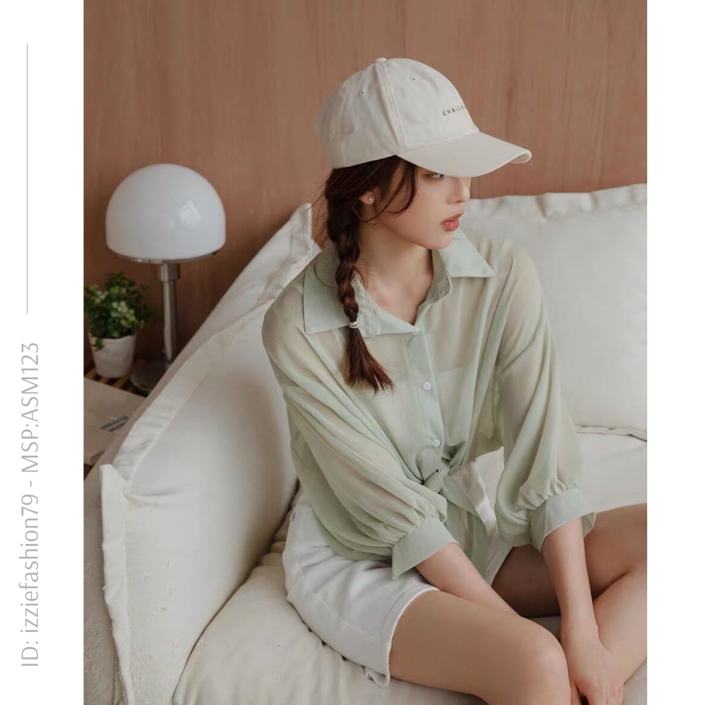 Áo sơ mi dáng ngắn tay lỡ ASM123 Izzie 2022, vạt buộc eo, khoác ngoài, chất voan tơ mềm mát bay bổng