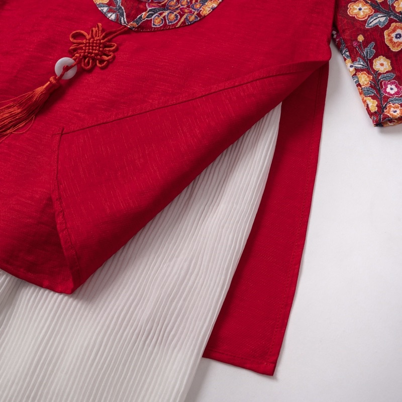 Áo Dài cho Bé gái, Vải gấm in họa tiết phối đáp tròn hình chim Công biểu tượng cho may mắn tốt lành Song hỷ phát tài