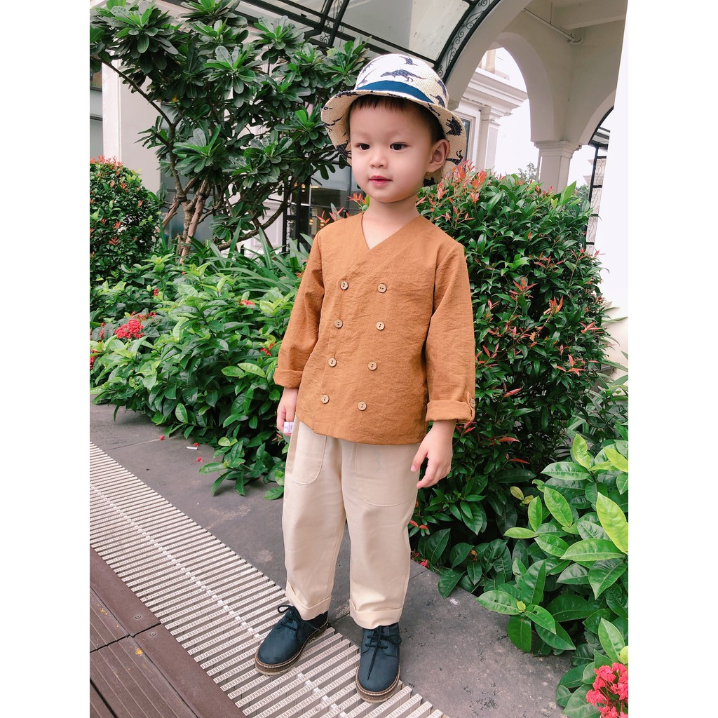 Bộ Bé Trai Mùa Hè Vải Lanh Linen Và Đũi Xước Nhật Màu Nâu Thiết Kế Độc Đáo [MS07] - Shine Kid