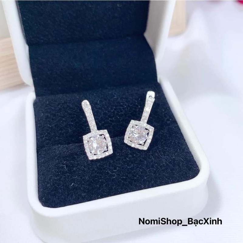 Bông tai đá vuông bấm bật cao cấp xịn xò chuẩn bạc Mainomi Shop Bạc Xinh