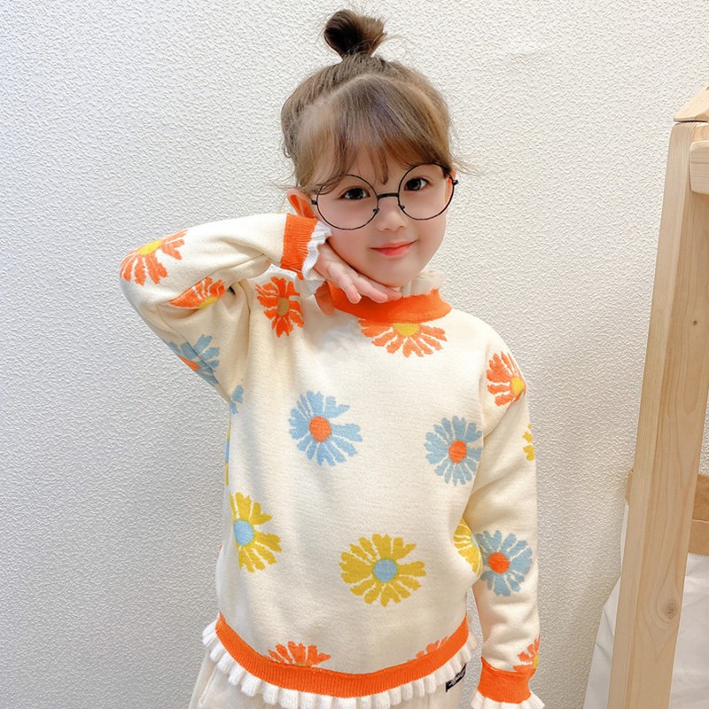Áo Sweater Tay Dài Phối Ren Hoa Cúc Đáng Yêu Cho Bé Gái