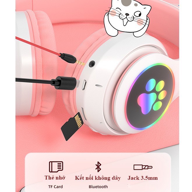 Tai Nghe Mèo Dễ Thương Kết Nối Bluetooth Headphone Chụp Tai Có Đèn Led 7 Màu Âm Bass Mạnh Mẽ - BẢO HÀNH 6 THÁNG