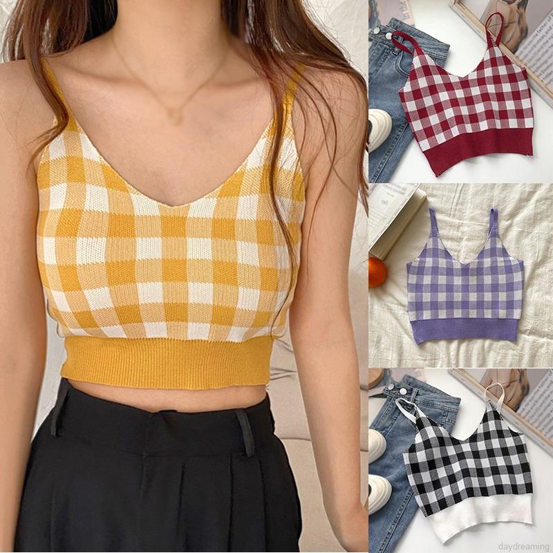 Áo Croptop Dệt Kim Cổ Chữ V Họa Tiết Ca Rô Xinh Xắn Dành Cho Nữ