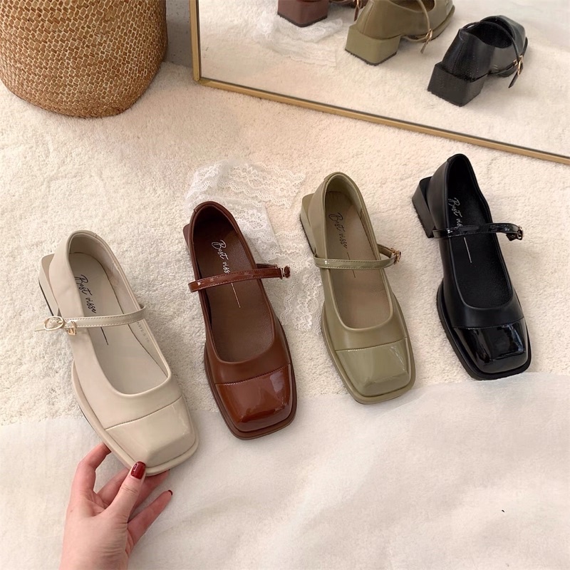 Giày marry jane mũi vuông da bóng giày quai ngang