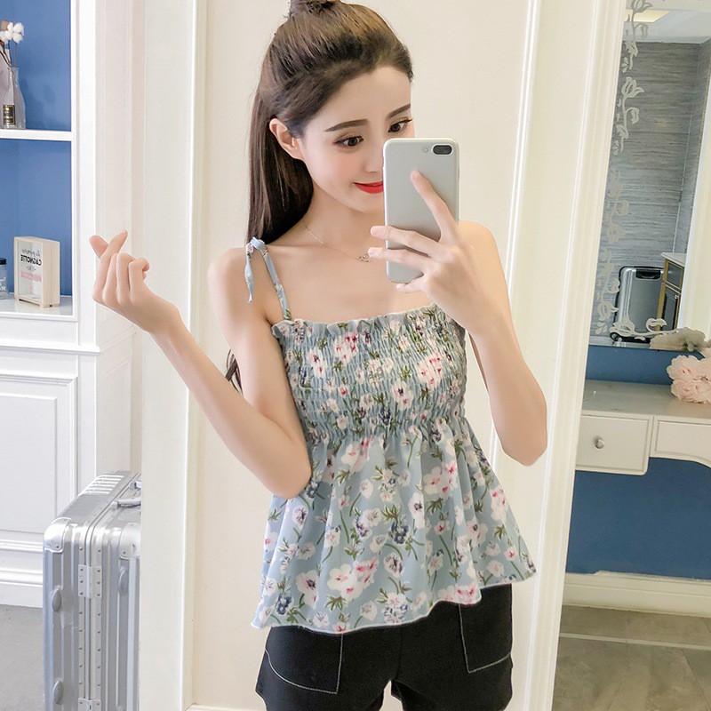 [Baywellfashion]Women's Spaghetti Strap Floral Print Lace Up Ruched Camisole | BigBuy360 - bigbuy360.vn