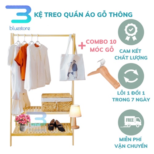 Kệ Treo Quần Áo Chữ A 2 Tầng Gỗ Thông BLUE STORE Kèm Móc Gỗ - Chịu Lực Tốt, Chống Mối Mọt, Trang Trí Nhà Cửa - BH 1 Năm