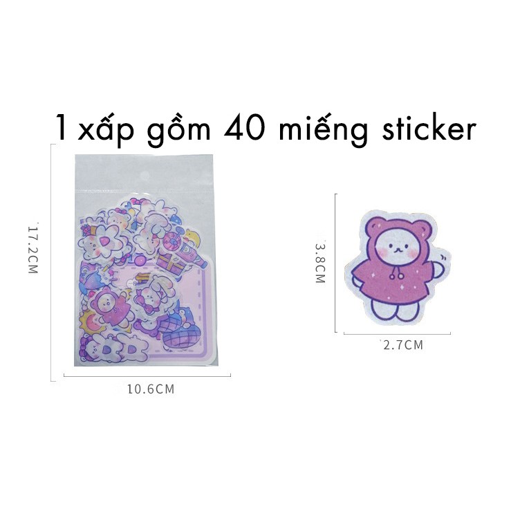 Sticker Mini Gói 40 Cái Dán Sổ Trang Trí Hình Gấu Đáng Yêu Theme Hồng Tím