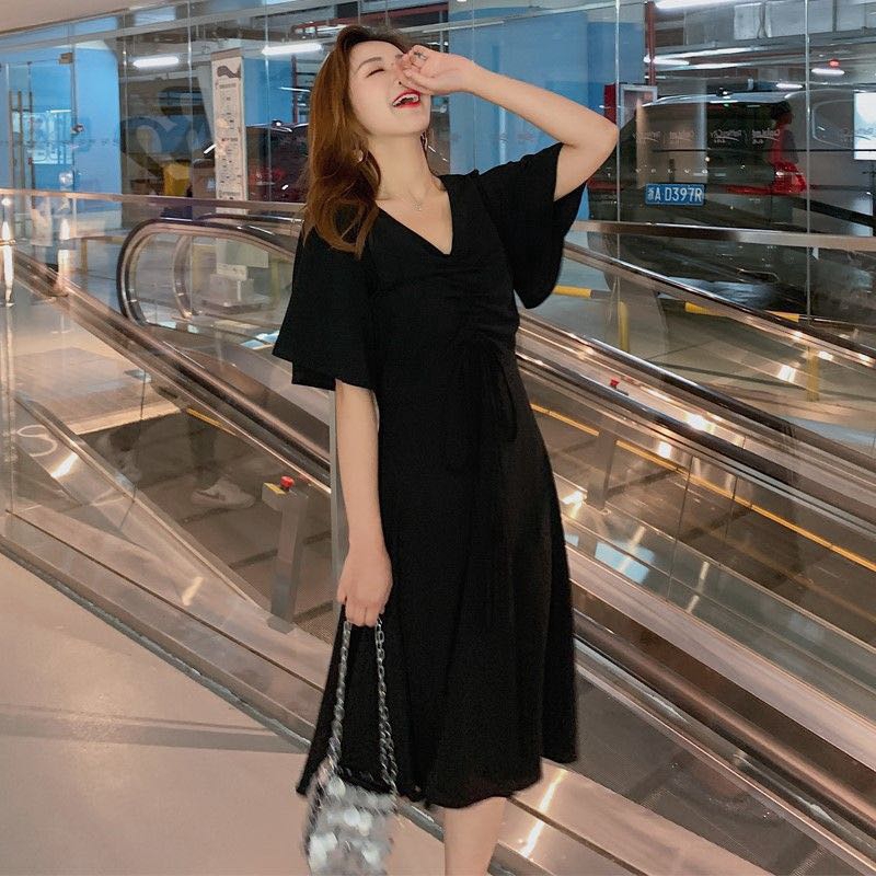 Đầm nữ dáng chữ A cổ chữ V dáng midi phong cách thời trang Hàn Quốc độc đáo