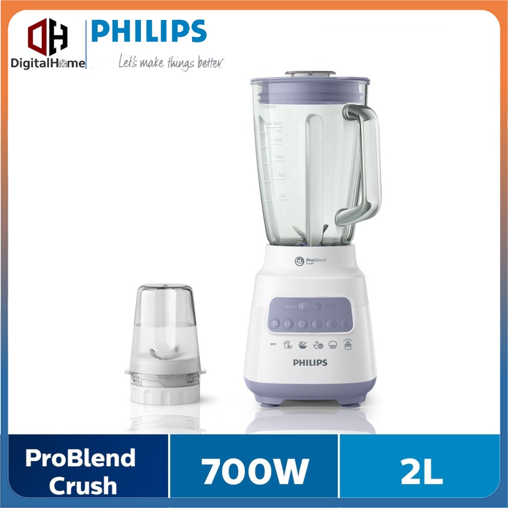 Máy xay sinh tố Philips HR2222/00 (Trắng) -700W Nghiền mịn đá, Bộ 2 cối-5 tốc độ cài đặt sẵn, Hàng Chính Hãng Bh 2 Năm