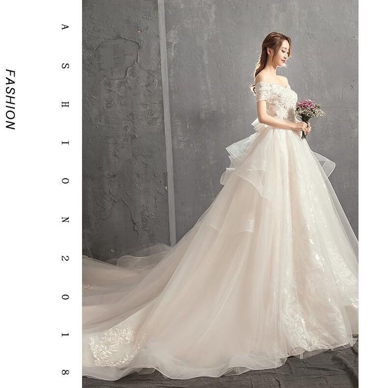 khuyến mãi bán hàng trực tiếp tại nhà máyváy cưới 2021 phiên bản Hàn Quốc mới của cô dâu một vai công chúa tro