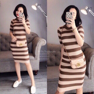 Đầm body tay lỡ kẻ ngang chất len tăm đanh mịn co giãn tôn dáng