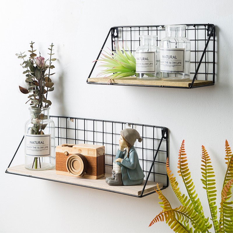 Kệ Sắt Đáy Gỗ Để Đồ Đa Năng, Kệ Dán Tường Trang Trí, Decor Phòng Khách Phòng Ngủ Tặng Đinh 4 Chân, Miếng Dán Siêu Chắc
