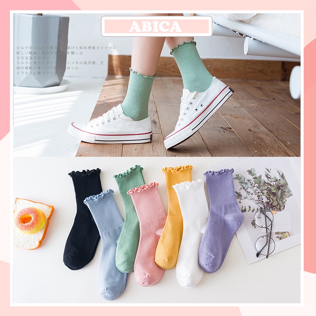 Tất cổ cao vớ chân dài nữ bèo nhún thời trang Lolita cute dễ thương chất cotton Hàn mềm mịn thấm hút mồ hôi ABICA T104