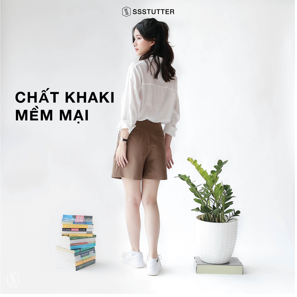 Quần short nữ SSSTUTTER chât khaki chống nhắn kiểu dáng lửng mid-length shorts