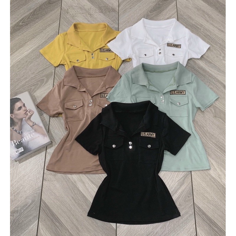 Áo thun body nữ có cổ phối túi có lo gô | BigBuy360 - bigbuy360.vn