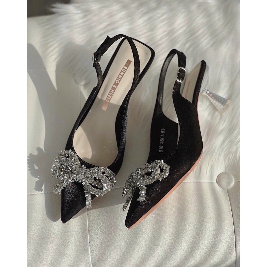 Giày cao gót đi tiệc giày slingback nơ lụa đính đá sang trọng, gót thiết kế lạ mắt hàng fullbox