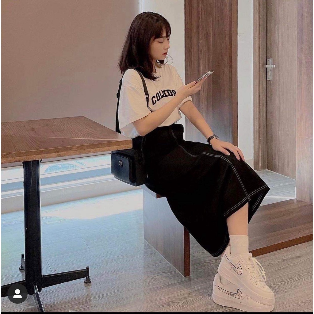 Chân Váy Jean Chỉ Nổi Nữ [FREESHIP]  Đầm mini dáng suông, jeans bò cạp cao xẻ sau lưng đẹp cá tính Ulzzang