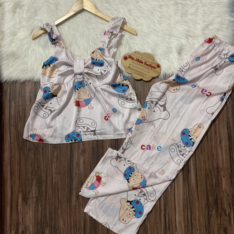 Bộ ngủ mặc nhà quần dài tay cánh tiên, satin họa tiết (kèm ảnh thật)