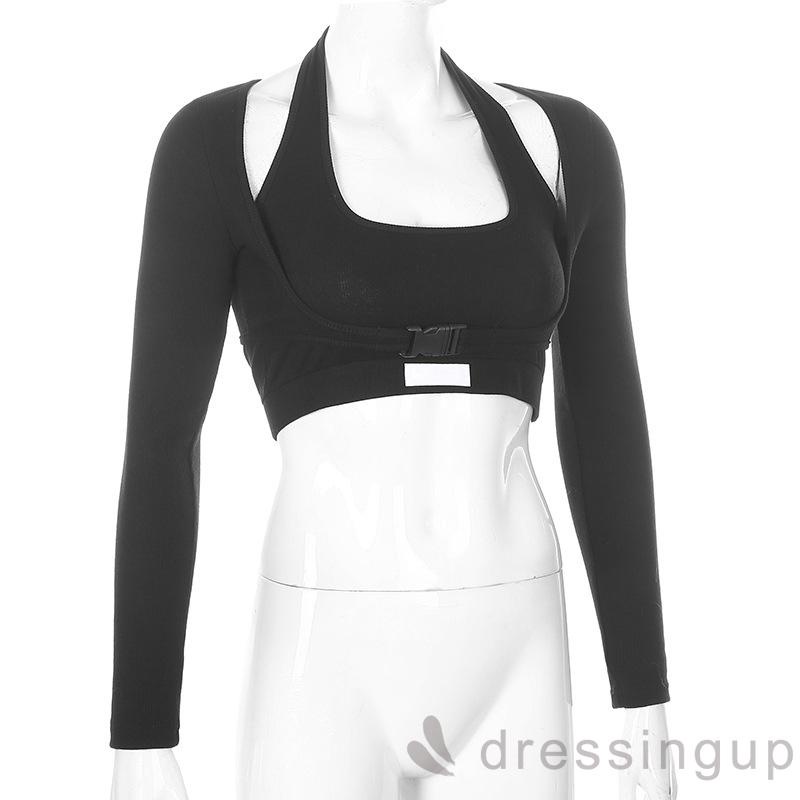 Áo tank top tay dài cổ yếm dáng ôm có khóa cài thời trang quyến rũ cho nữ