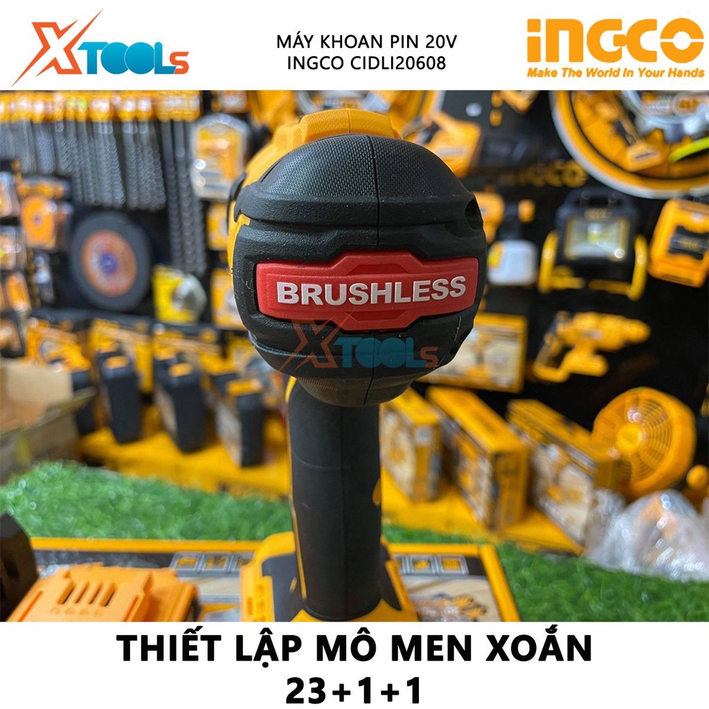 Máy khoan búa dùng pin 3 chức năng 20V INGCO CIDLI20608 motor không chổi than, tốc độ 450-1900rpm, tốc độ đập 22500/min