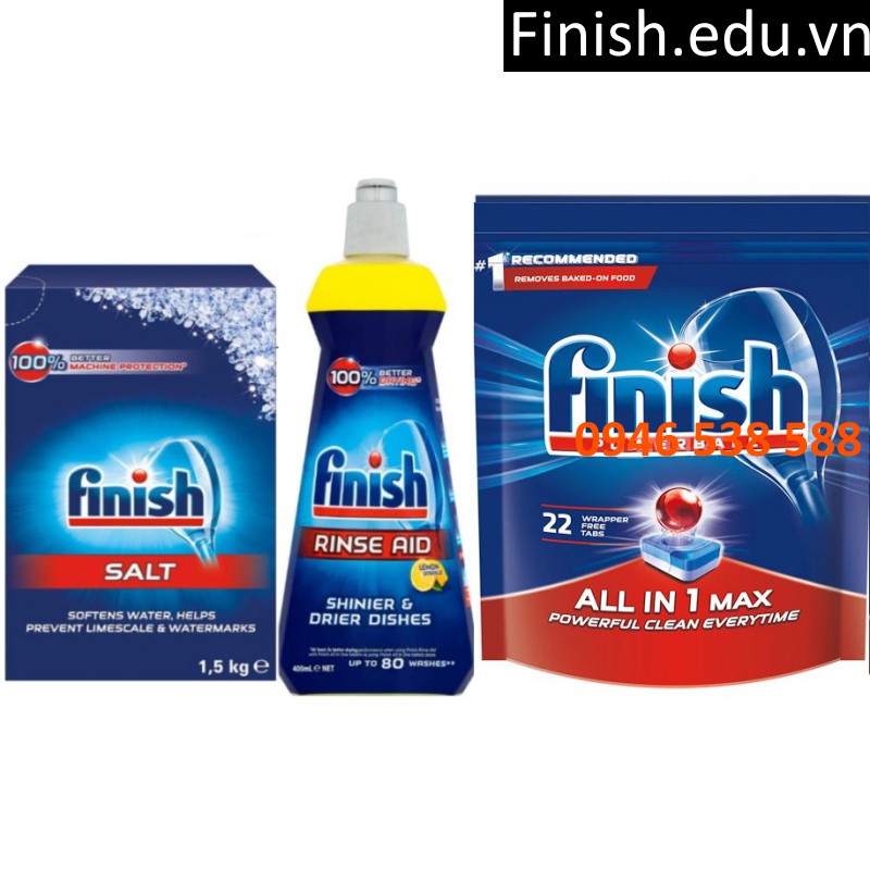 Combo muối Finish 1.5kg + Nước làm bóng Finish 400ml+ viên rửa bát finish 22 tabs  dùng cho máy rửa bát