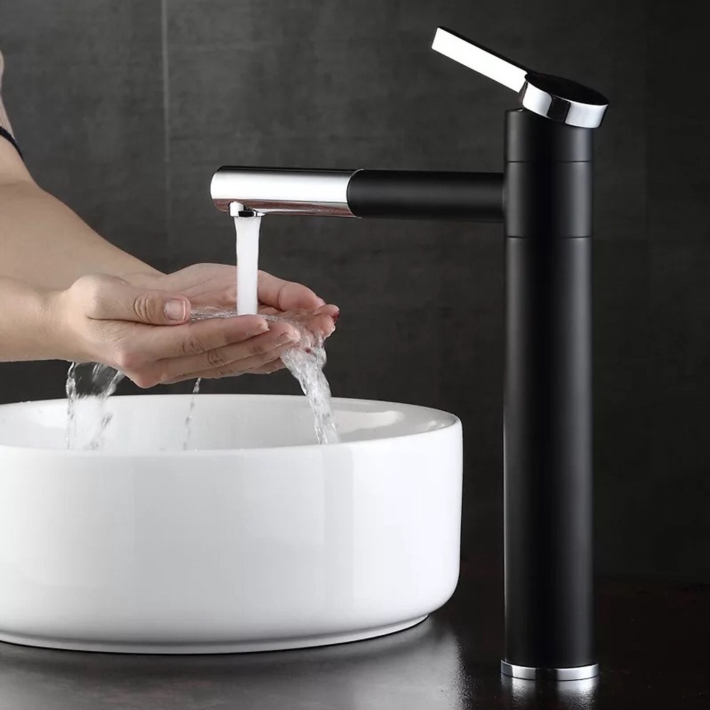 Vòi lavabo nóng lạnh bằng đồng hình trụ tròn 30cm sơn tĩnh điện đen bạc cao cấp