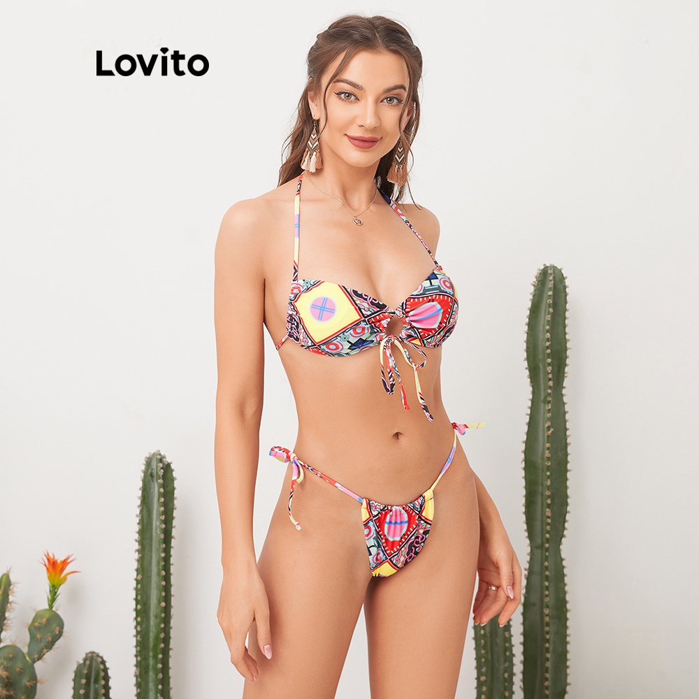Bộ bikini Lovito họa tiết hình học phong cách Boho cổ điển L11043